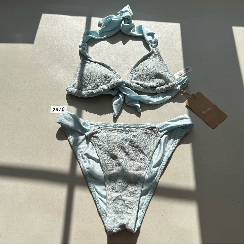 Samiol Women’s Small Grey Green Hollow Lace Flower Bikini Set